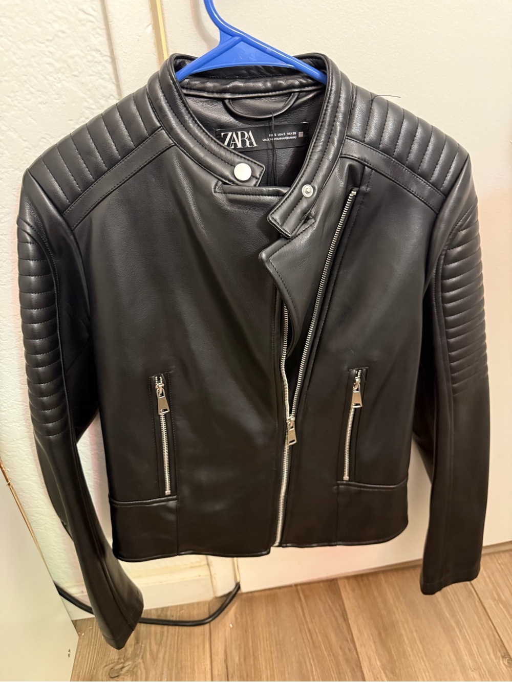 Zara Black Quilted Faux-Leather Moto Jacket